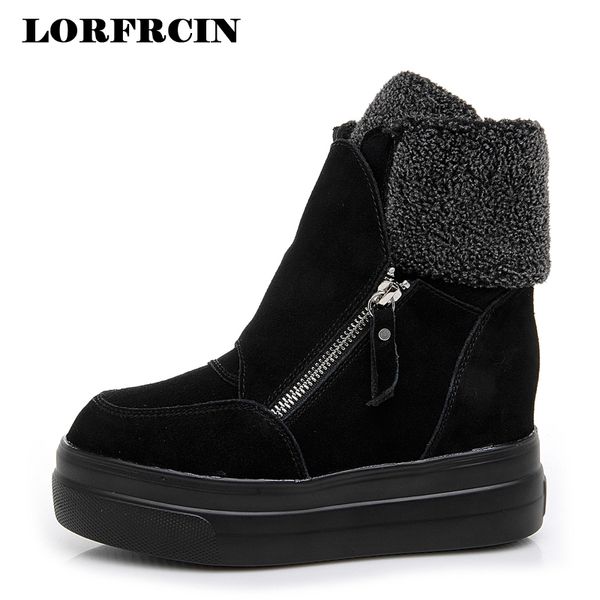

genuine leather ankle boots women height increasing platform snow boots for woman winter warm shoes black zip wedges lorfrcin