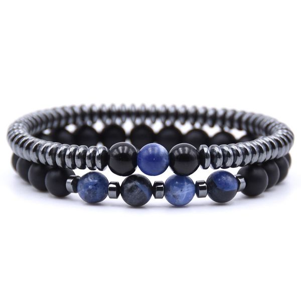 2pcs/set fashion&personality 8mm natural stone bead bracelet 6mm hematite round tablets chain bracelets for women&men 2018 new, Black