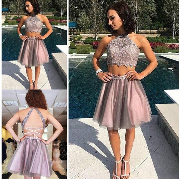 two pieces lace homecoming dresses tulle halter knee length short prom dress cocktail graduation party club wear, Blue;pink
two pieces lace homecoming dresses tulle halter knee length short prom dress cocktail graduation party club wear, Blue;pink