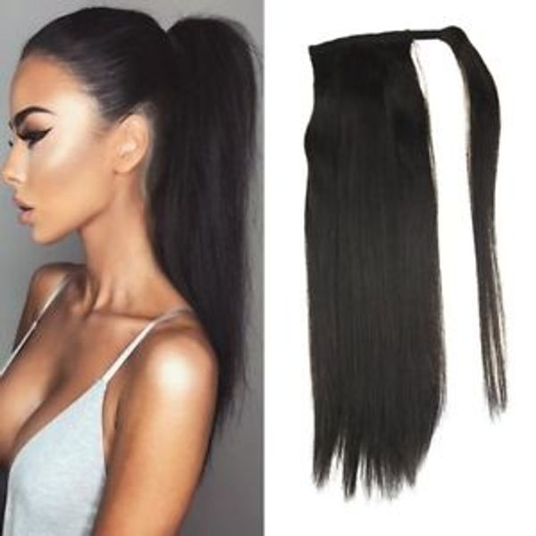 22" human hair ponytail wrap around clip in ponytail hair extensions for women off black(#1b)