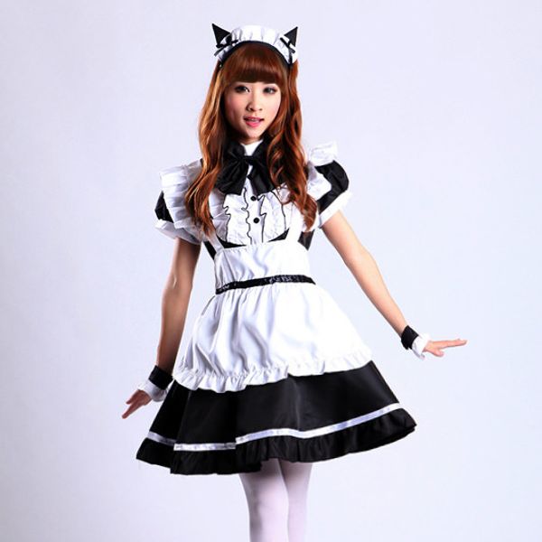 

lotus leaf laciness black and white cat ears maid cosplay costume clothes lolita dress women girl performance clothing 2 colors, Black;red