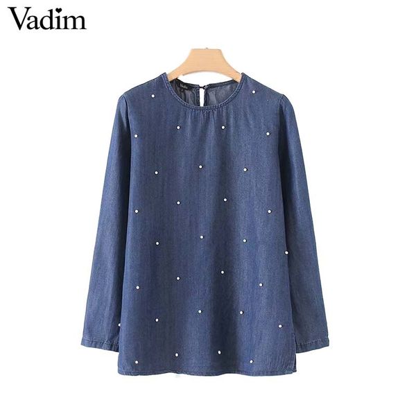 

vadim women elegant pearls beading tencel denim shirt long sleeve o neck blouse ladies autumn brand casual blusas lt2386, White