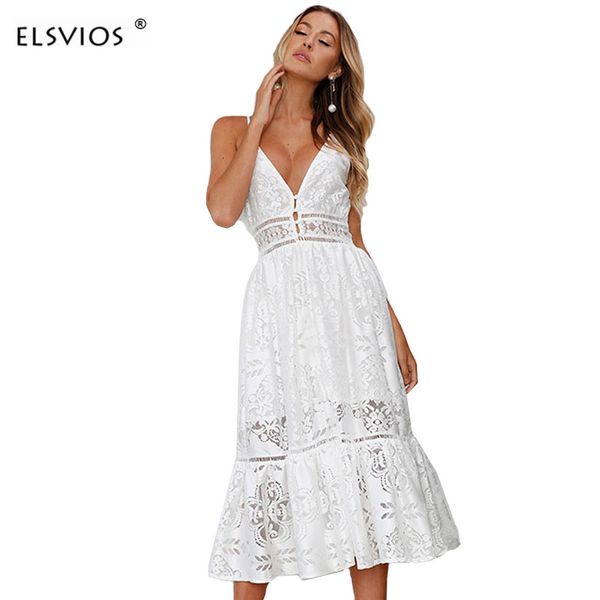

elsvios 2018 deep v neck white lace dress women summer backless spaghetti strap elegant hollow out mid-calf party dresses, White;black