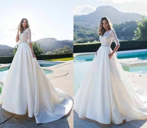 2019 a line beach wedding dresses jewel neck half long sleeves sweep train satin bohemian wedding dress plus size lace bridal gowns, White
2019 a line beach wedding dresses jewel neck half long sleeves sweep train satin bohemian wedding dress plus size lace bridal gowns, White