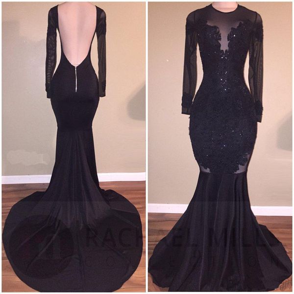 Elegant Black Illusion Prom Dresses 2017 Sexy Backless Mermaid Long Sleeves Stretch Long Evening Party Gowns with Appliques Beaded