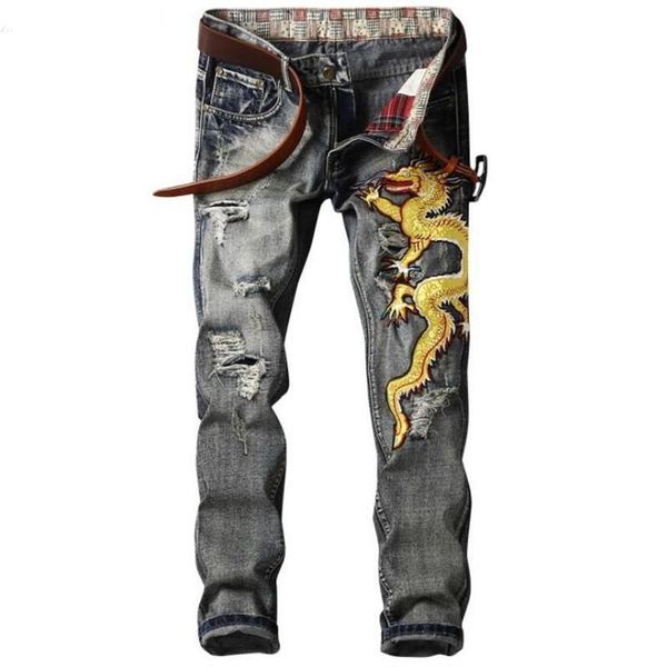 2018 fashion men's ripped jeans gold dragon embroidery distressed denim jeans pants for men slim fit stretch washed, Blue
2018 fashion men's ripped jeans gold dragon embroidery distressed denim jeans pants for men slim fit stretch washed, Blue