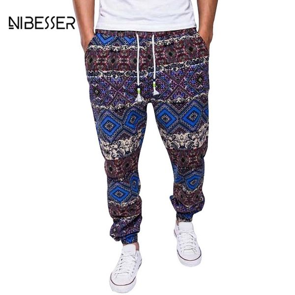 

nibesser ethnic pants men printed drawstring jogger trousers cotton linen casual sweatpants clothing plus size elastic pants, Black