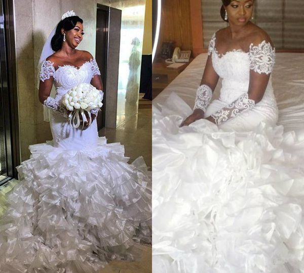2019 mermaid wedding dresses sheer jewel neck tiered skirts sweep train plus size wedding dress lace appliques long sleeve bridal gowns, White
2019 mermaid wedding dresses sheer jewel neck tiered skirts sweep train plus size wedding dress lace appliques long sleeve bridal gowns, White