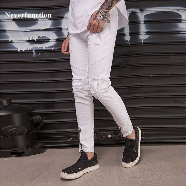 men new hip-hop skinny white biker jeans knee ripped pleated beggar style streetwear men motorcycle casual holes denim pants, Blue
men new hip-hop skinny white biker jeans knee ripped pleated beggar style streetwear men motorcycle casual holes denim pants, Blue