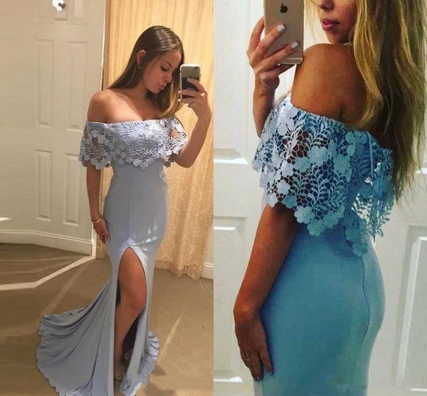 2021 fashion light blue high side split prom dresses mermaid off the shoulder lace bateau neck boho formal gowns evening dresses, Black;red
2021 fashion light blue high side split prom dresses mermaid off the shoulder lace bateau neck boho formal gowns evening dresses, Black;red