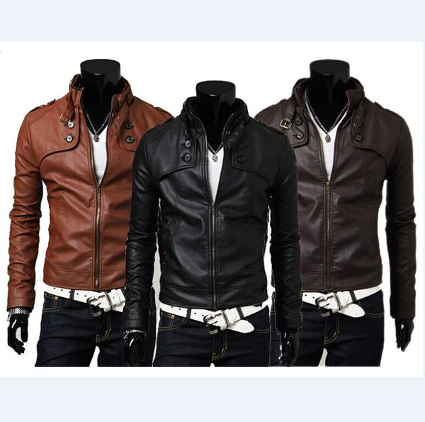 

korean men 's clothes slim collar leather coat male leather jacket punk fashion coat pu male locomotive short paragraph, Black;brown