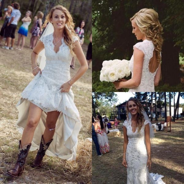 vintage country wedding dresses v neck cap sleeves floor length lace wedding dresses cowgirls high low backless bridal wedding gowns, White
vintage country wedding dresses v neck cap sleeves floor length lace wedding dresses cowgirls high low backless bridal wedding gowns, White