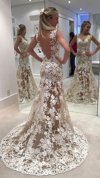 2019 sheer ivory lace wedding dresses mermaid illusion bodice backless sweep train bridal gown, White
2019 sheer ivory lace wedding dresses mermaid illusion bodice backless sweep train bridal gown, White