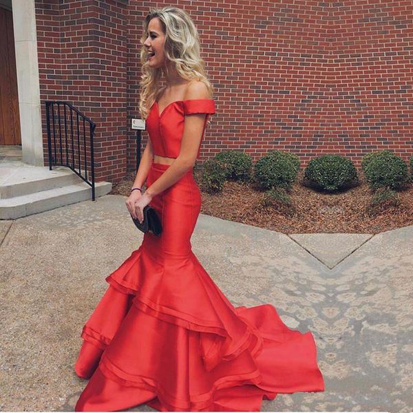 red mermaid prom dresses long 2018 off the shoulder tiered skirt two pieces party evening wear plus size evening dress, Black
red mermaid prom dresses long 2018 off the shoulder tiered skirt two pieces party evening wear plus size evening dress, Black