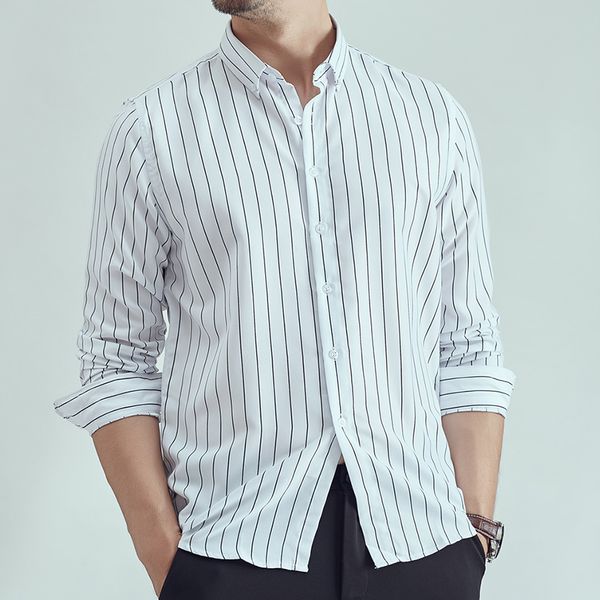 striped long sleeves mens dress shirts autumn casual slim fit breathable soft business male office social shirts plus size, White;black 
striped long sleeves mens dress shirts autumn casual slim fit breathable soft business male office social shirts plus size, White;black
