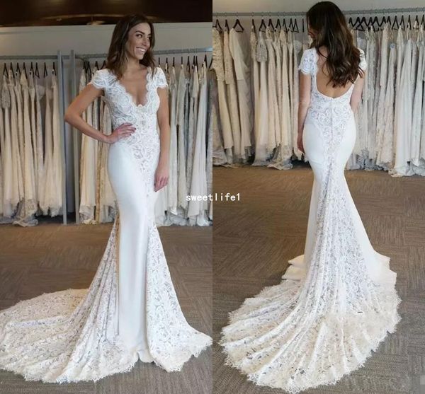 2019 elegant berta mermaid lace wedding dresses deep v neck short sleeve bridal gowns backless chapel train wedding dress, White
2019 elegant berta mermaid lace wedding dresses deep v neck short sleeve bridal gowns backless chapel train wedding dress, White