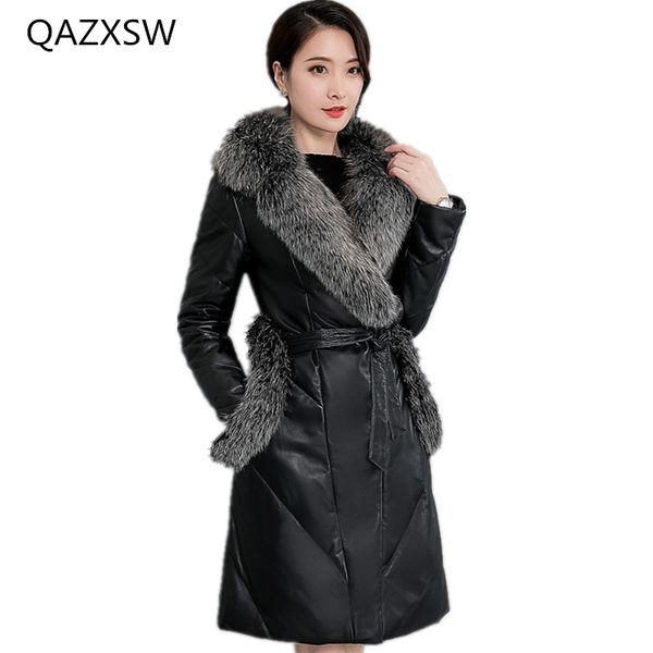 

2018 new women's winter leather coat in the long section of slim leather down jacket fur collar sheep skin warm jacket tq237, Black