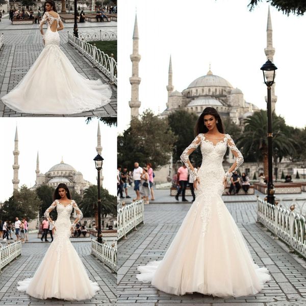 vintage lace mermaid wedding dresses sheer scoop neck long sleeves sweep train applique wedding bridal gowns vestido de novia, White
vintage lace mermaid wedding dresses sheer scoop neck long sleeves sweep train applique wedding bridal gowns vestido de novia, White