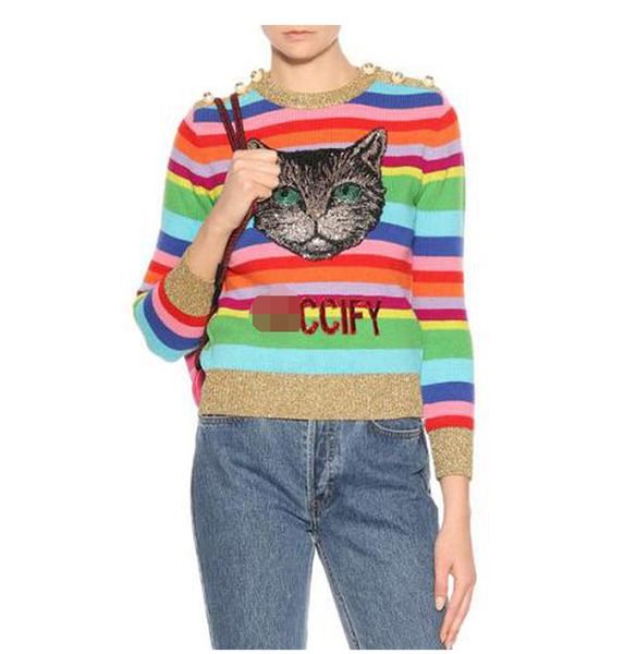 2018 autumn rainbow striped long sleeves women's sweaters designer shoulder beads sequins embroidery letter print pullovers women 91808, White;black
2018 autumn rainbow striped long sleeves women's sweaters designer shoulder beads sequins embroidery letter print pullovers women 91808, White;black