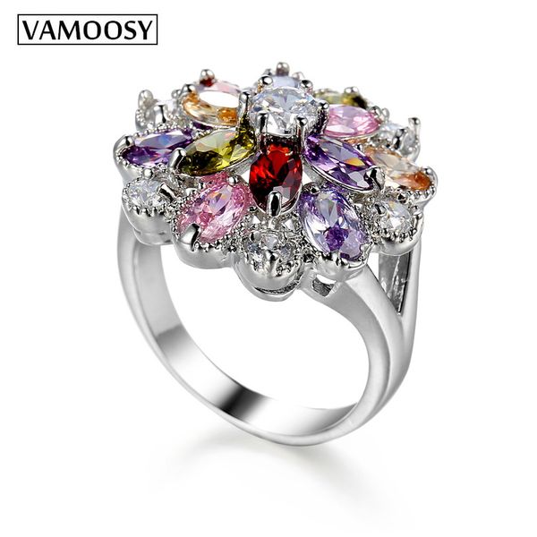 

vamoosy mona lisa multicolor cubic zircon ring for women fashion finger jewelry silver color bride engagement rings wholesale, Golden;silver