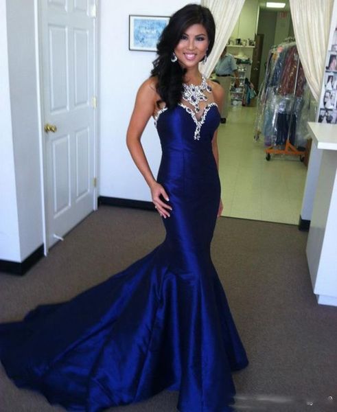 long evening dresses royal blue crystals beaded mermaid sweep train prom party dresses formal evening gowns custom made