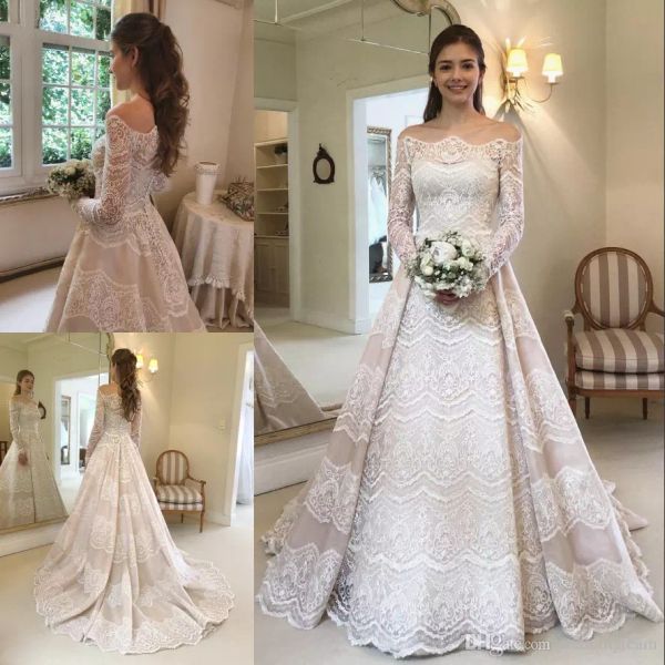 a line lace wedding dresses off shoulder long sleeve bridal gowns sweep train buttons back wedding dress custom made, White
a line lace wedding dresses off shoulder long sleeve bridal gowns sweep train buttons back wedding dress custom made, White