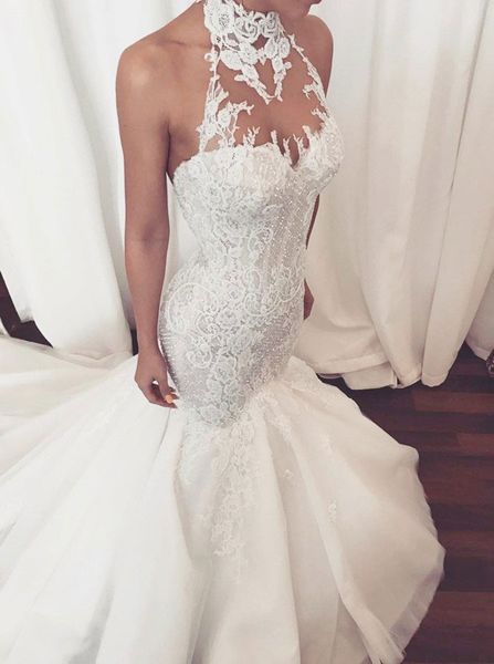 sleeveless high neck mermaid wedding dresses bridal gowns with appliques in stock, White
sleeveless high neck mermaid wedding dresses bridal gowns with appliques in stock, White