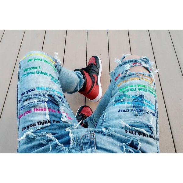 Men ripped jean pant do you think im crazy letter embroidery jean pant mrdr brvdo de igner jean limited edition hip hop euro ize 
Men ripped jean pant do you think im crazy letter embroidery jean pant mrdr brvdo de igner jean limited edition hip hop euro ize