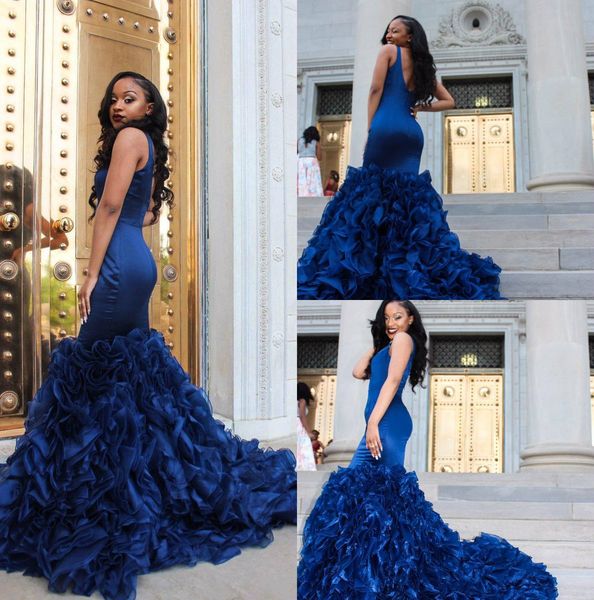 2018 royal blue prom dresses evening gowns deep v neck sleeveless mermaid ruffles organza skirt formal party dresses, Black
2018 royal blue prom dresses evening gowns deep v neck sleeveless mermaid ruffles organza skirt formal party dresses, Black