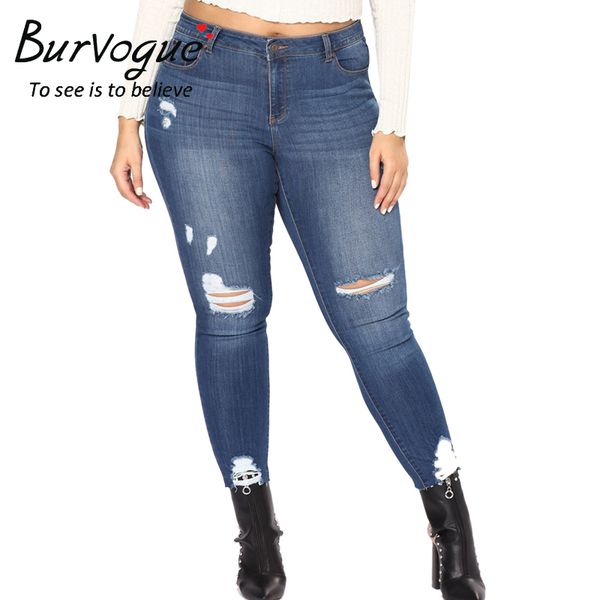 

burvogue fashion cotton plus size 6xljeans skinny push up stretchy denim pencil pants bleached ripped casual jeans for women, Blue