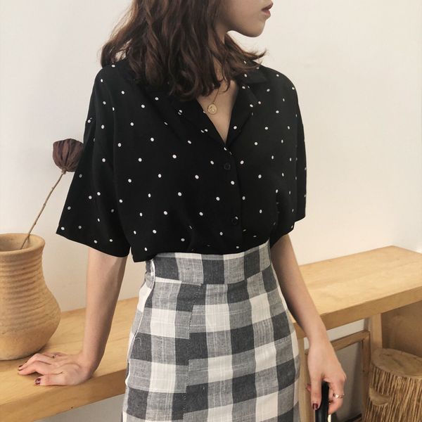 2018 summer korean version wild basic section wave point short sleeve slim single-breasted women t-shirts, White
2018 summer korean version wild basic section wave point short sleeve slim single-breasted women t-shirts, White