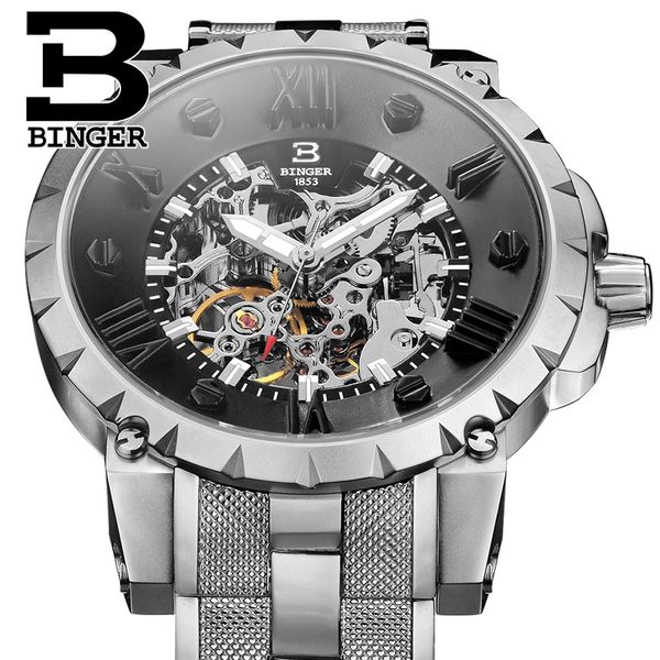 

men wristwatches 3d skeleton dial sapphire male clock full steel strap automatic self-wind mechanical watch binger unique desig, Slivery;brown