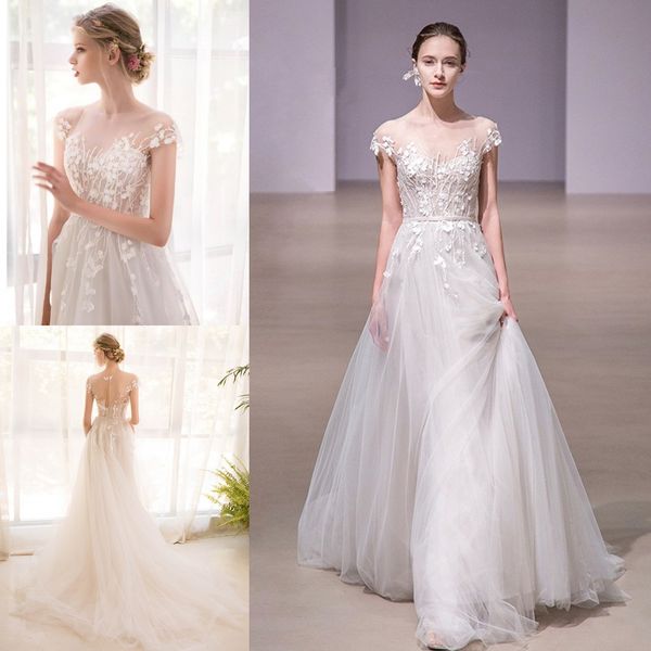 2022 ivory tulle short sleeves wedding dress sheer neck court train 3d flower applique backless real ps a-line bridal gowns custom made, White
2022 ivory tulle short sleeves wedding dress sheer neck court train 3d flower applique backless real ps a-line bridal gowns custom made, White