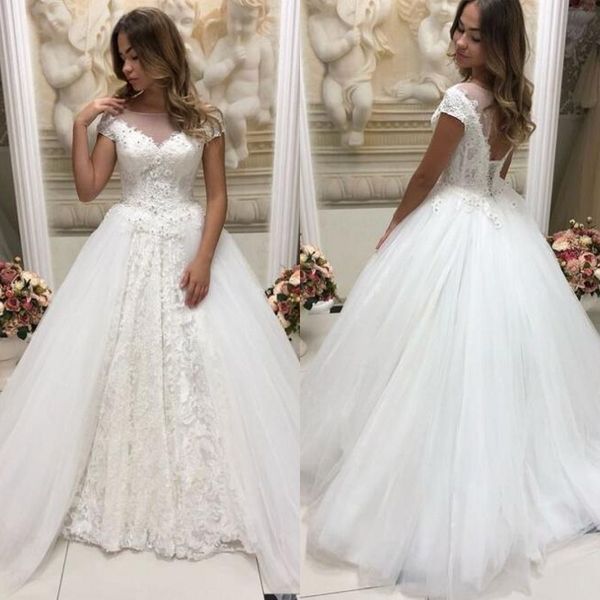 2019 новые-line свадебные платья sheer bateau шеи увенчанный короткими рукавами бисером кружева аппликации тюль свадебные платья корсет откр, White
2019 новые-line свадебные платья sheer bateau шеи увенчанный короткими рукавами бисером кружева аппликации тюль свадебные платья корсет откр, White