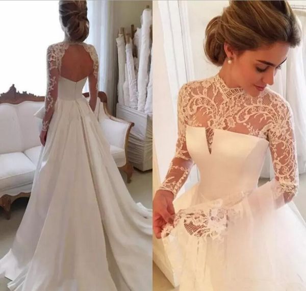 romantic long sleeve high neck wedding dress backless lace satin a line sweep train bridal gowns custom made, White
romantic long sleeve high neck wedding dress backless lace satin a line sweep train bridal gowns custom made, White
