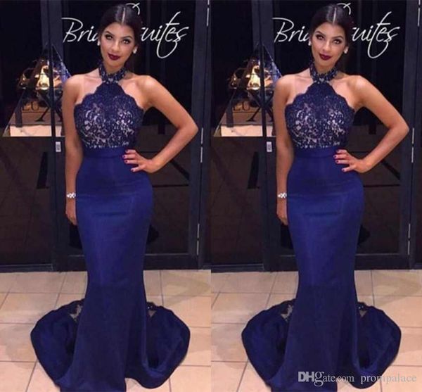 2019 new arrival royal blue lace applique mermaid prom dresses halter neck backless floor length elegant formal dresses wear vestidos, Black
2019 new arrival royal blue lace applique mermaid prom dresses halter neck backless floor length elegant formal dresses wear vestidos, Black