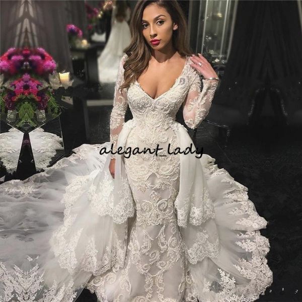 mermaid long sleeve wedding dresses with detachable train 2018 modest v-neck cathedral train fishtail lace beaded civil bridal wedding gown, White
mermaid long sleeve wedding dresses with detachable train 2018 modest v-neck cathedral train fishtail lace beaded civil bridal wedding gown, White