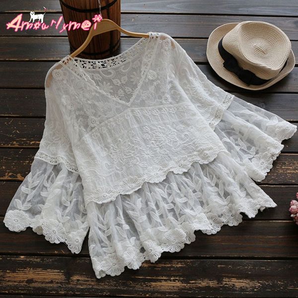 2018 summer women blouse loose v-neck perspective flower embroidery lace shirt japanese style mori girl lolita princess, White
2018 summer women blouse loose v-neck perspective flower embroidery lace shirt japanese style mori girl lolita princess, White