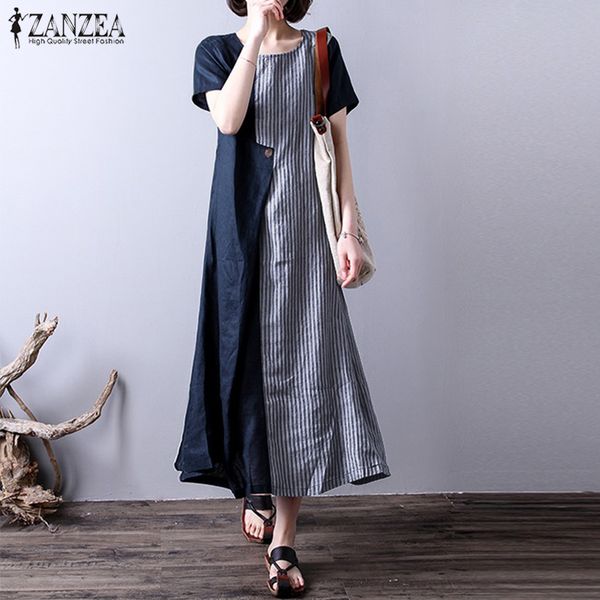 plus size 2018 summer zanzea women striped o neck short sleeve casual loose party cotton linen dress patchwork long vestido, White;black
plus size 2018 summer zanzea women striped o neck short sleeve casual loose party cotton linen dress patchwork long vestido, White;black