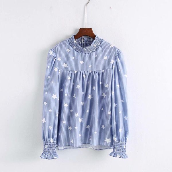 cs872 women casual blue color striped star print pleated long sleeve shirt ladies match all blouse, White
cs872 women casual blue color striped star print pleated long sleeve shirt ladies match all blouse, White