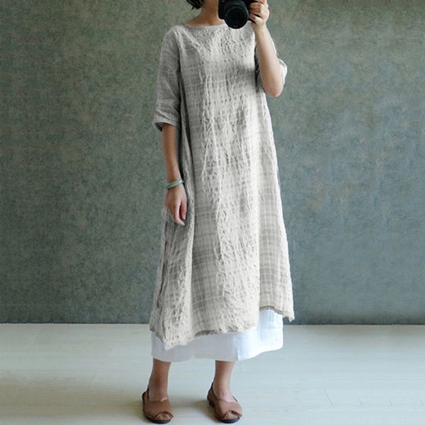 women loose summer sundress party midi vestidos plus size vintage casual half sleeve dress linen plaid dresses, White;black
women loose summer sundress party midi vestidos plus size vintage casual half sleeve dress linen plaid dresses, White;black