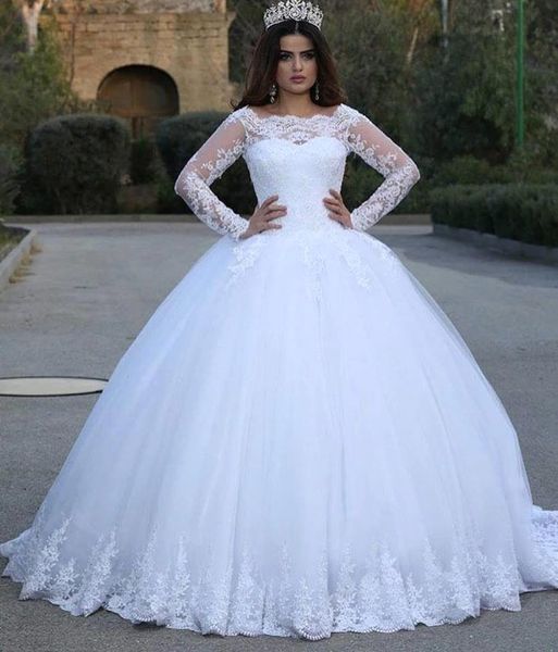 2019 lace ball gown wedding dresses sheer neck long illusion sleeve lace applique sweep train wedding dress bridal gowns robe de mariée, White
2019 lace ball gown wedding dresses sheer neck long illusion sleeve lace applique sweep train wedding dress bridal gowns robe de mariée, White
