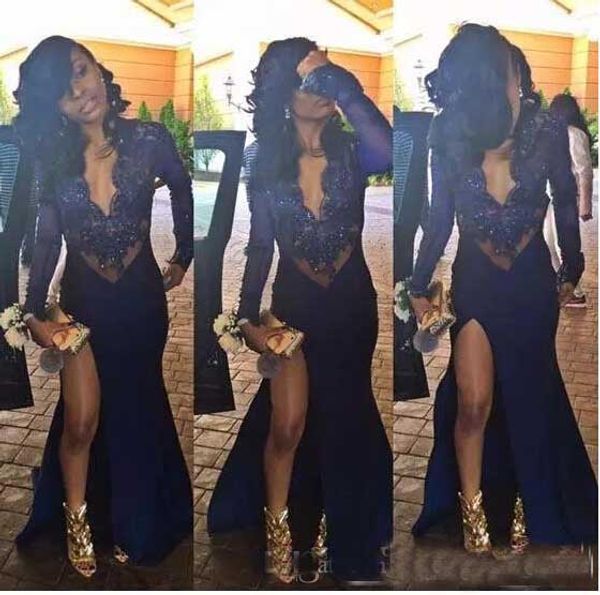 African Sexy Black Girl Long Sleeve Prom Dresses Plunging V neck Mermaid Party Dresses Beaded High Slit Sheer Navy Blue Long Evening Gowns
African Sexy Black Girl Long Sleeve Prom Dresses Plunging V neck Mermaid Party Dresses Beaded High Slit Sheer Navy Blue Long Evening Gowns