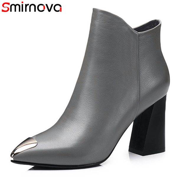 smirnova 2018 new arrival ankle boots with metal decoration pointed toe genuine leather boots classic thick heels women, Black 
smirnova 2018 new arrival ankle boots with metal decoration pointed toe genuine leather boots classic thick heels women, Black