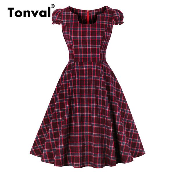 

tonval women burgundy plaid puff sleeve vintage dress gingham cotton a line dress elegant retro dresses, Black;gray
