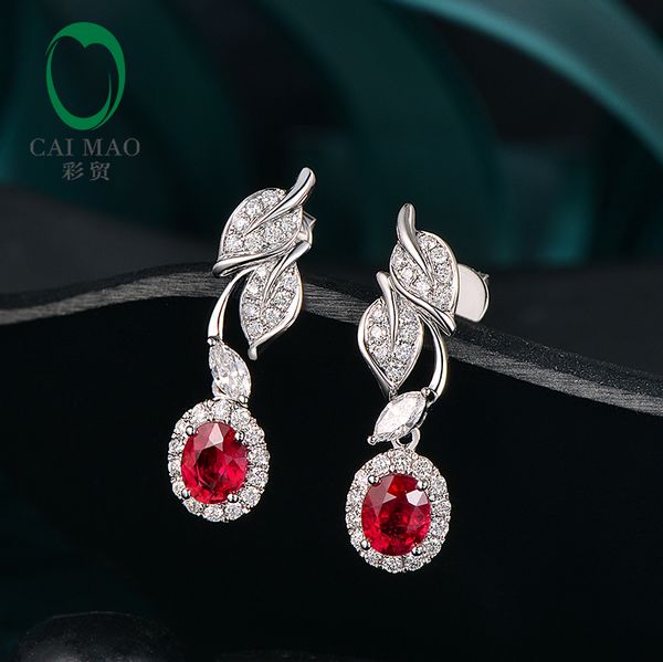 

caimao 1.02ct natural red ruby with 0.44ct brilliant cut diamond 14kt white gold dangle earrings for womens, Golden;silver