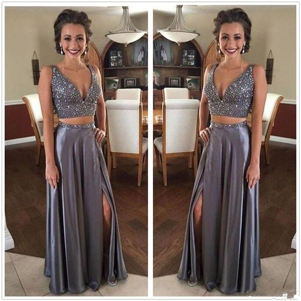2018 elegant satin deep v neck two pieces split a line prom dresses beaded rhinestones floor length party evening dresses custom made, Black
2018 elegant satin deep v neck two pieces split a line prom dresses beaded rhinestones floor length party evening dresses custom made, Black