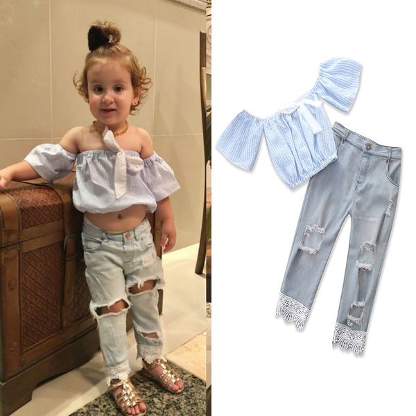 2018 new children fashion 2 color girls ins set girls stripe bow + ripped jeans 2 pieces set suit baby kids clothing, White
2018 new children fashion 2 color girls ins set girls stripe bow + ripped jeans 2 pieces set suit baby kids clothing, White