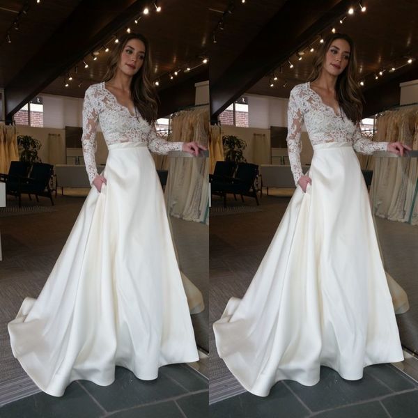 elegant deep v-neck wedding dress a-line long sleeve lace applique covered button wedding gown satin floor length beach wedding dresses, White
elegant deep v-neck wedding dress a-line long sleeve lace applique covered button wedding gown satin floor length beach wedding dresses, White