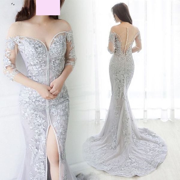 lace wedding dresses sheer neckline half sleeves beads appliques front split mermaid wedding dress black covered buttons bridal gown, White
lace wedding dresses sheer neckline half sleeves beads appliques front split mermaid wedding dress black covered buttons bridal gown, White